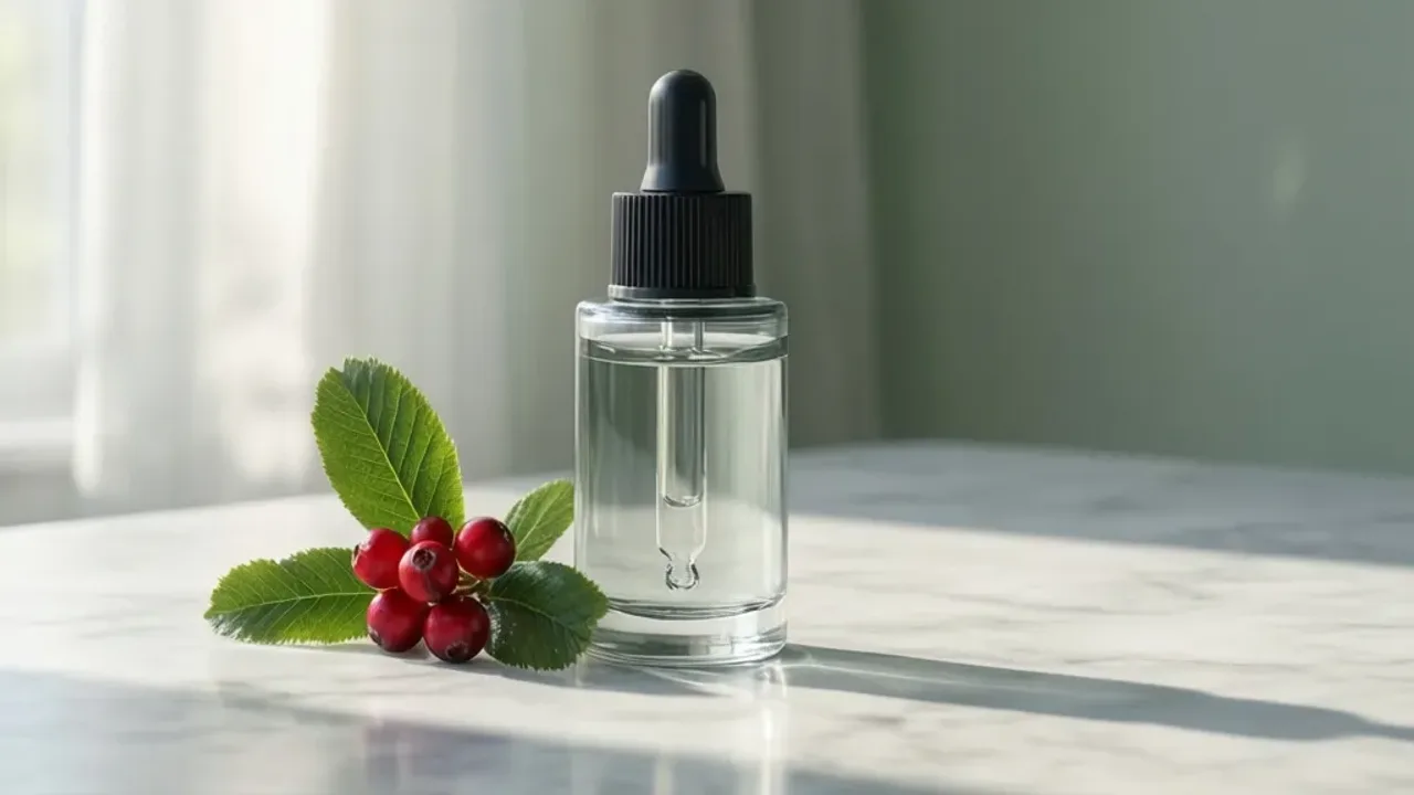 Alfa arbutyna: skuteczne antidotum na przebarwienia skóry w kosmetyce Serum z alfa arbutyna w szklanej butelce na marmurowym blacie z liśćmi mącznicy lekarskiej.