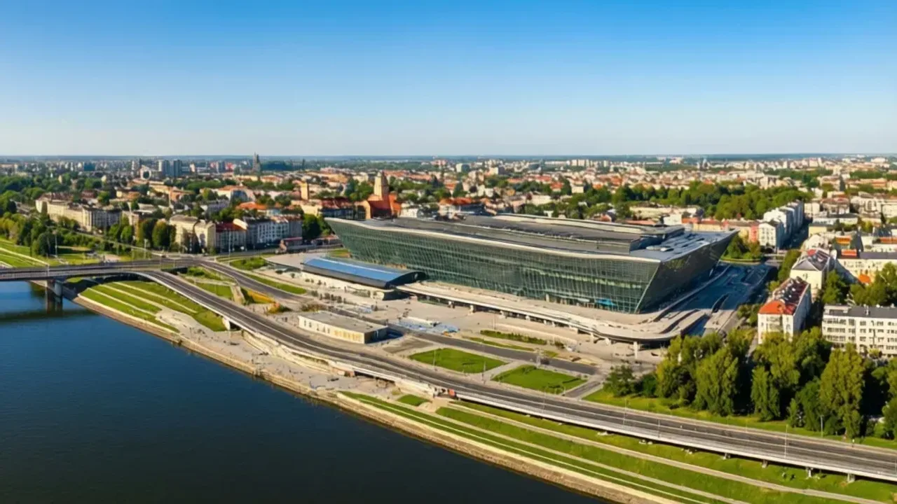 Dębniki kraków mapa: praktyczny przewodnik i dane dla dzielnicy Widok z lotu ptaka na dzielnicę Dębniki i ICE Kraków, prezentujący najważniejsze punkty dzielnicy na dębniki kraków mapa.