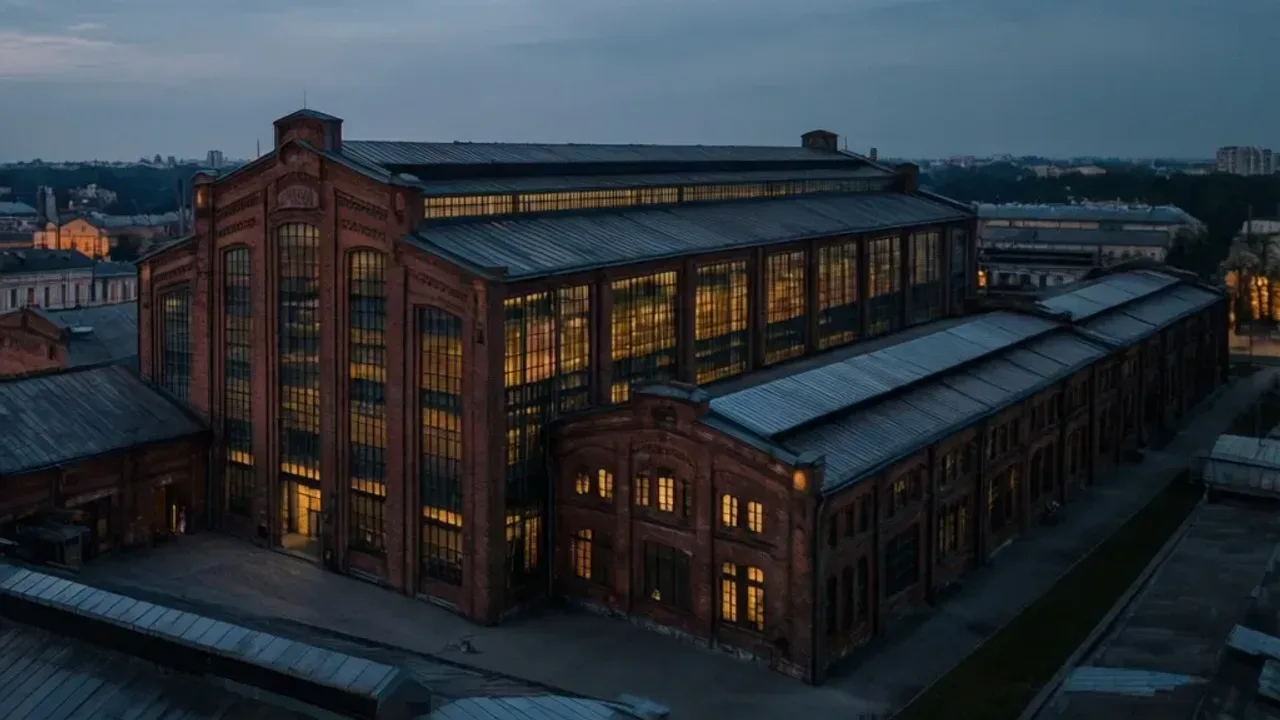 Fabryka Schindlera: historia fabryki emalia Oskara Schindlera w Krakowie Historyczna architektura przemysłowa, którą tworzy Fabryka Schindlera w Krakowie o zachodzie słońca.