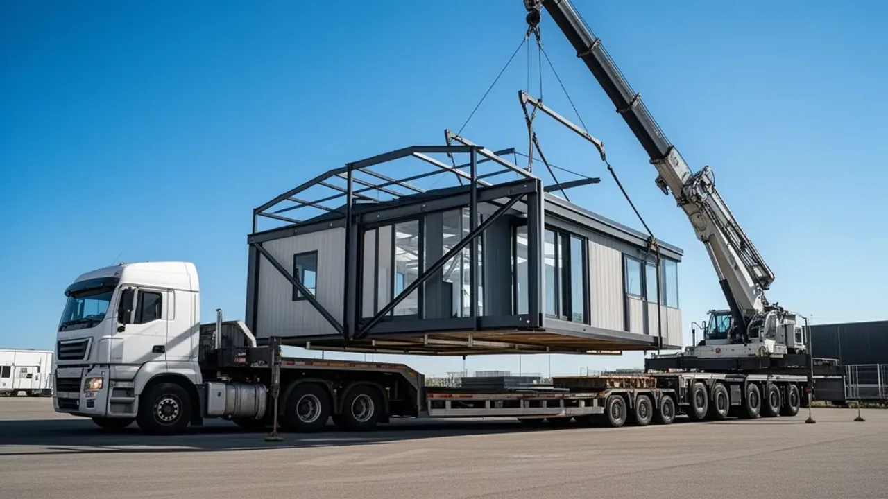 Ile waży domek holenderski? Waga domku całorocznego i mobilnego Transport specjalistyczny domku mobilnego na naczepie, który pokazuje ile waży domek holenderski w praktyce.