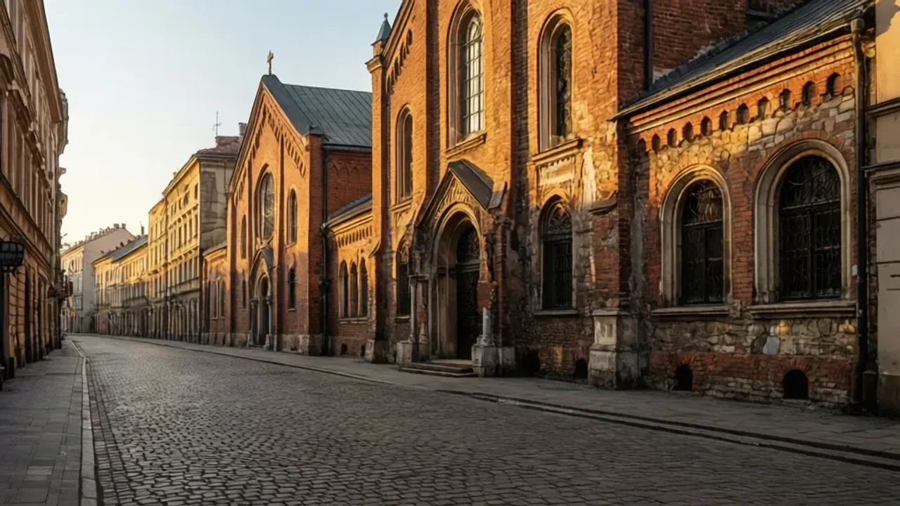 Kazimierz Kraków co zobaczyć: praktyczny plan zwiedzania 2026 Widok na zabytkowe synagogi i bruk ulicy Szeroka w dzielnicy Kazimierz Kraków co zobaczyć podczas spaceru.
