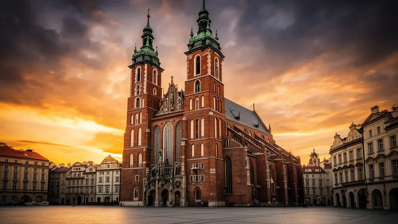 Kościół Mariacki w Krakowie: 800 lat historii i przykład sztuki gotyckiej Gotycka bryła i wieże Kościół Mariacki w Krakowie w świetle zachodzącego słońca.