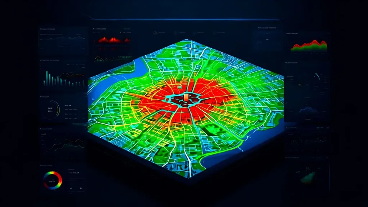 Kraków mapa: praktyczny przewodnik po danych miasta Kraków i mapa miasta Interaktywna kraków mapa w nowoczesnym interfejsie 3D prezentująca dane o potencjale solarnym i planie miasta.