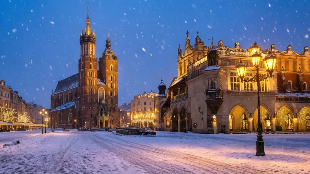 Kraków zimą co warto zobaczyć? Praktyczny przewodnik i lista atrakcji Ośnieżony Rynek Główny w Krakowie zimą co warto zobaczyć podczas spaceru.