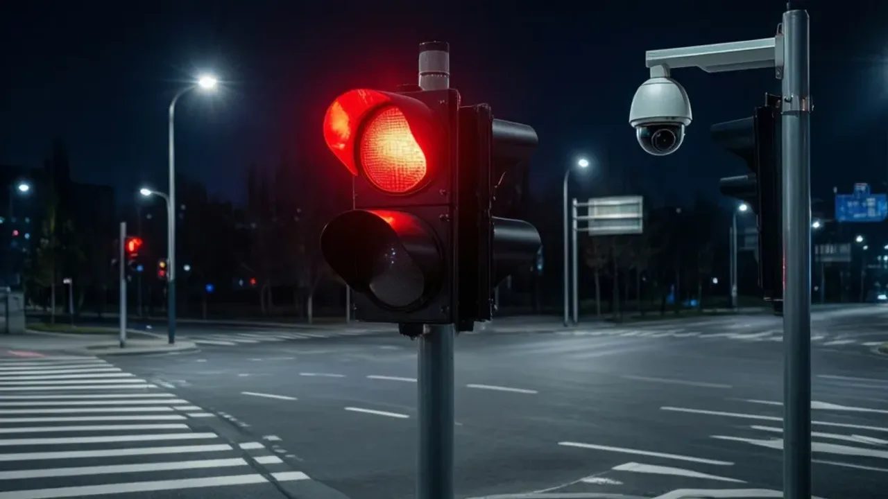 Mandat za przejazd na czerwonym 2026: kary, punkty karne i porady dla kierowcy Sygnalizator świetlny nad skrzyżowaniem jako dowód na mandat za przejazd na czerwonym.