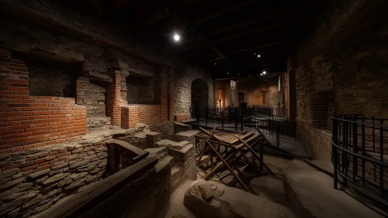 Muzeum Podziemia Rynku w Krakowie: Praktyczny poradnik zwiedzania Nowoczesna wystawa w Muzeum Podziemia Rynku w Krakowie z widocznymi fundamentami średniowiecznych murów i oświetleniem punktowym.