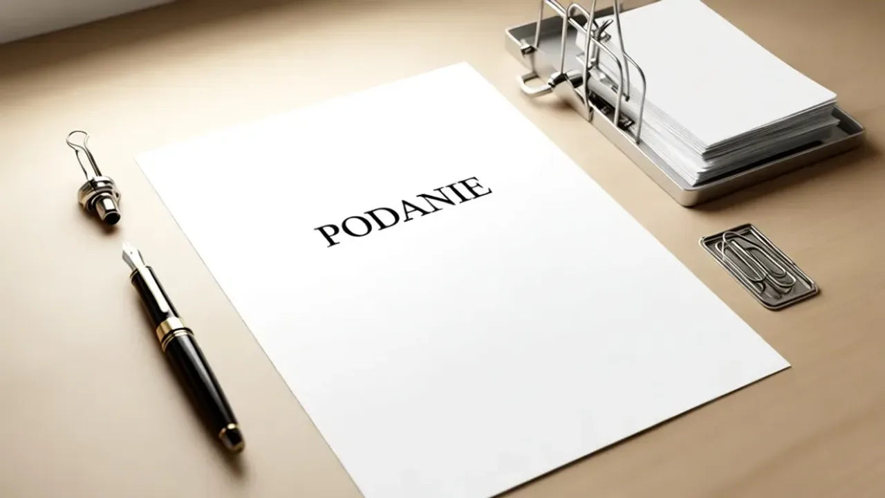 Podanie wzór: jak napisać podanie krok po kroku – przykład i lista zasad Profesjonalne podanie wzór wydrukowane na papierze A4 z piórem i dokumentami na biurku.