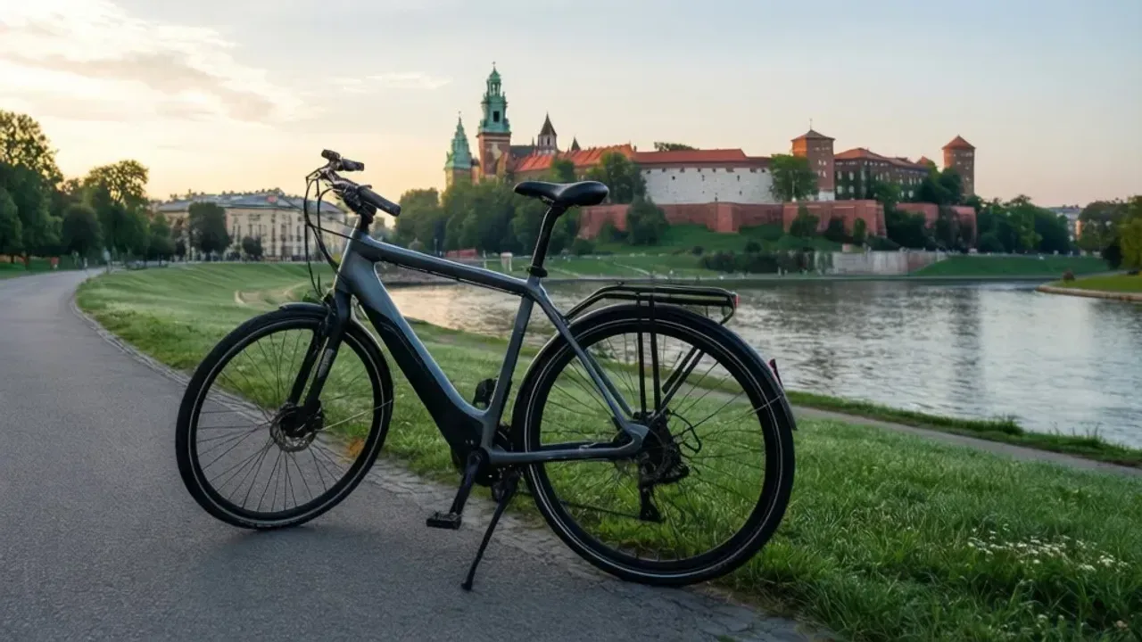 Rowerem po Krakowie: Praktyczny przewodnik po szlakach w 2026 roku Nowoczesny rower zaparkowany na malowniczym szlaku nad Wisłą podczas wycieczki rowerem po Krakowie.