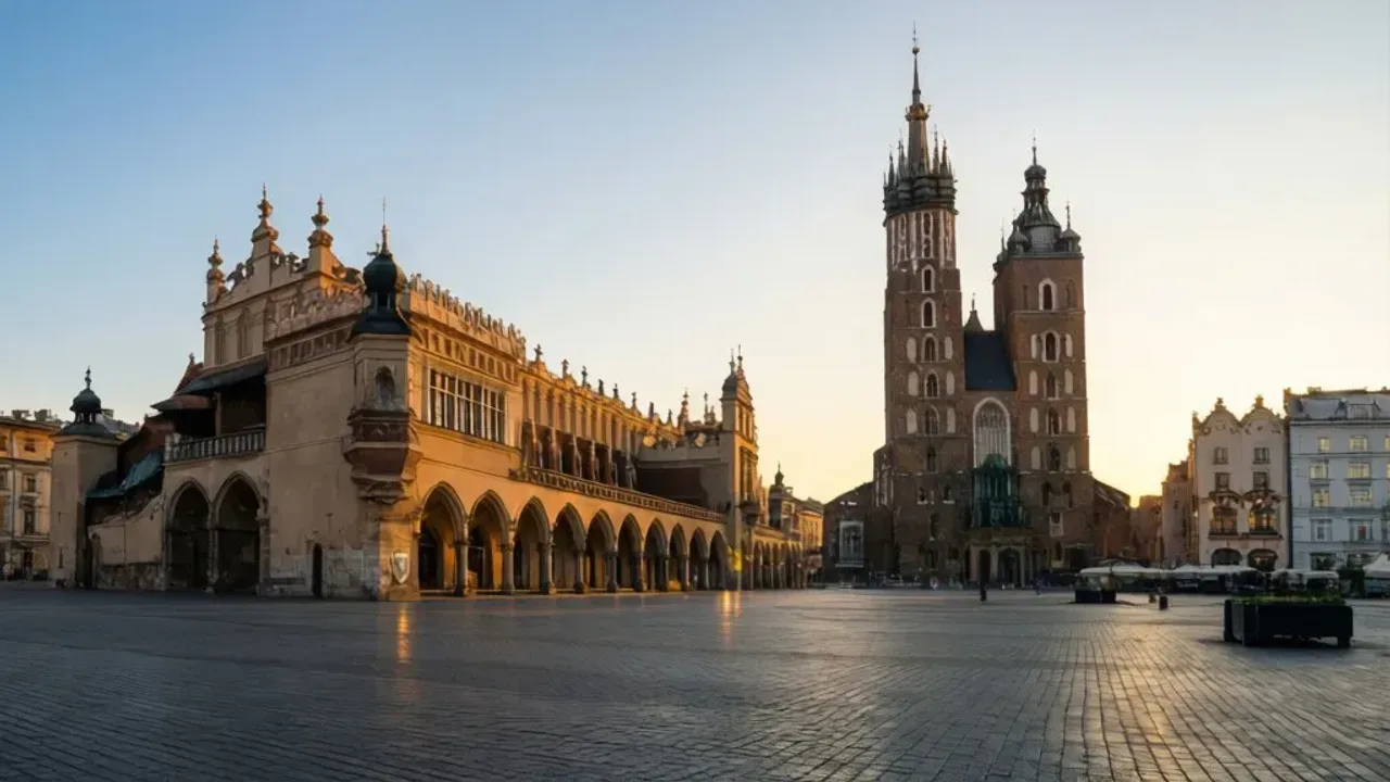 Rynek Główny w Krakowie: Kompletny przewodnik po sercu miasta Widok na Rynek Główny w Krakowie z Sukiennicami i wieżą ratuszową w słoneczny dzień.