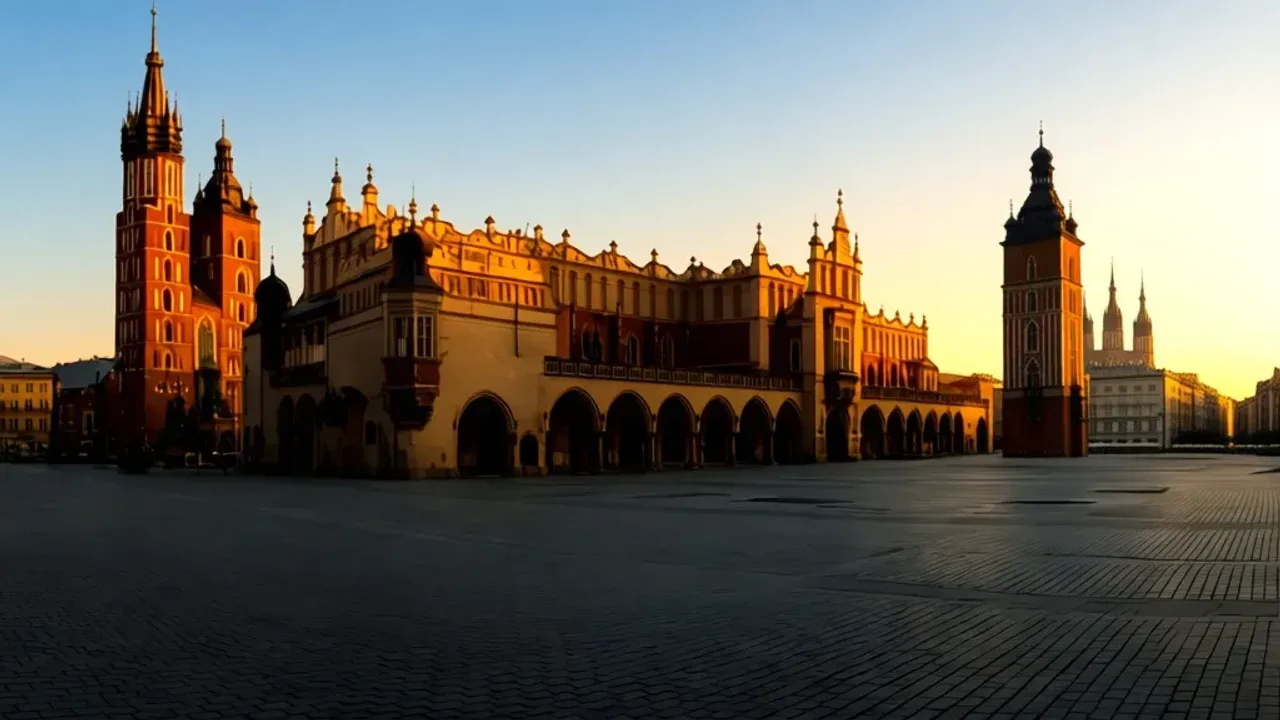 Rynek Kraków: Rynek główny, pałac Krzysztofory i widok na Rynek główny w Krakowie Historyczny Rynek Kraków z widokiem na Sukiennice i Kościół Mariacki w słoneczny dzień.